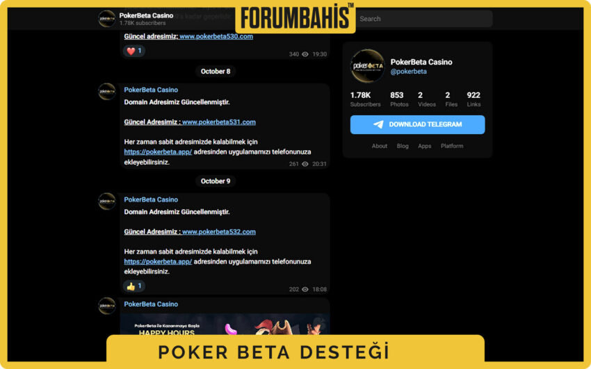 PokerBeta Telegram kanalına geçiş için destek butonu ve davet linki
