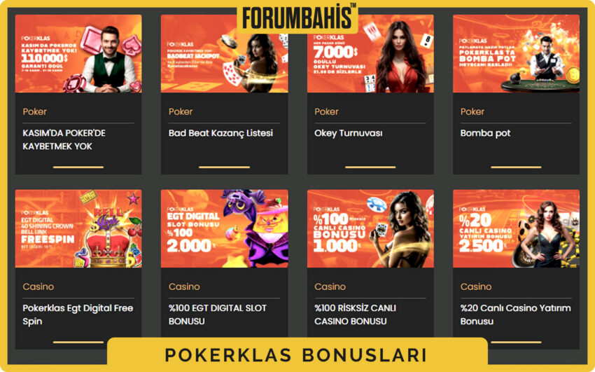 Pokerklas bonuslar sekmesi, turnuva bonus ve ödül havuzu bilgisi