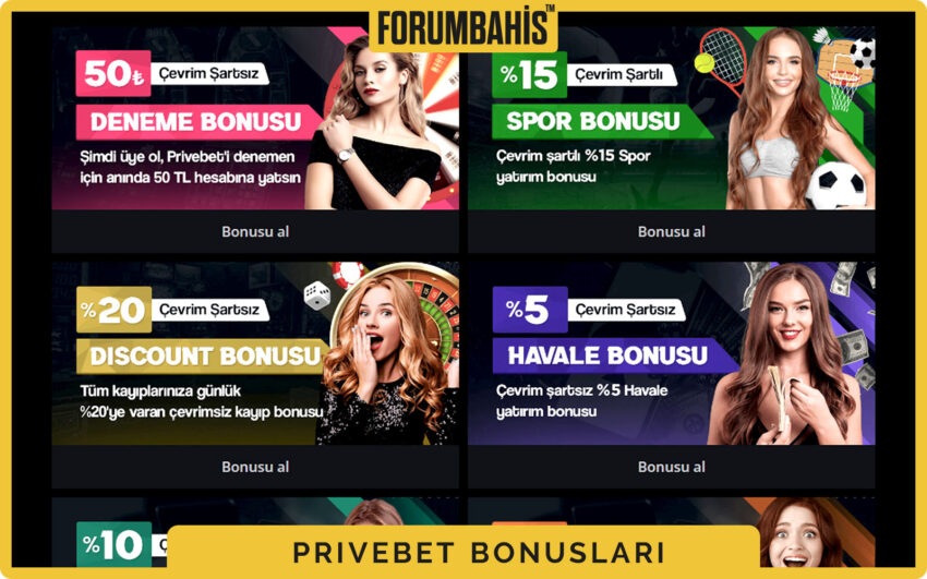 Privebet bonuslar bölümü, yatırım bonus ve çevrim şartı etiketi