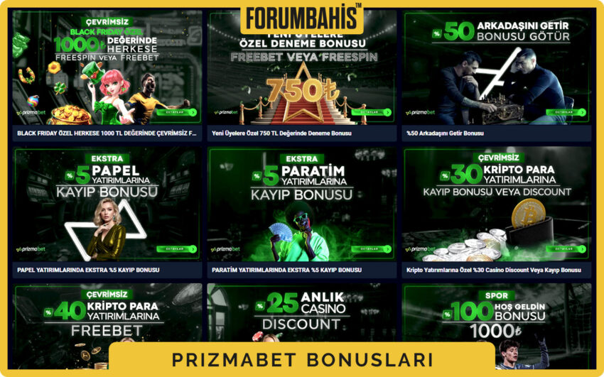 Prizmabet bonuslar genel görünüm, tüm bonus listesi ve filtre etiketleri