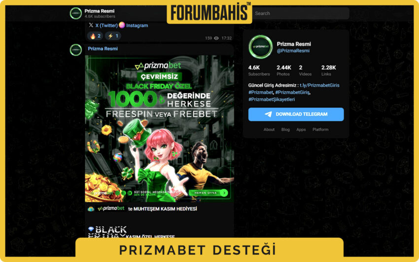 Prizmabet iletişim formu, ad–mesaj alanları ve destek gönder butonu