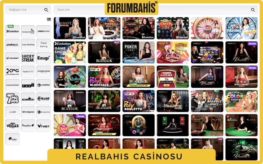 Realbahis üst menüde casino sekmesi, spor ve canlı yanında