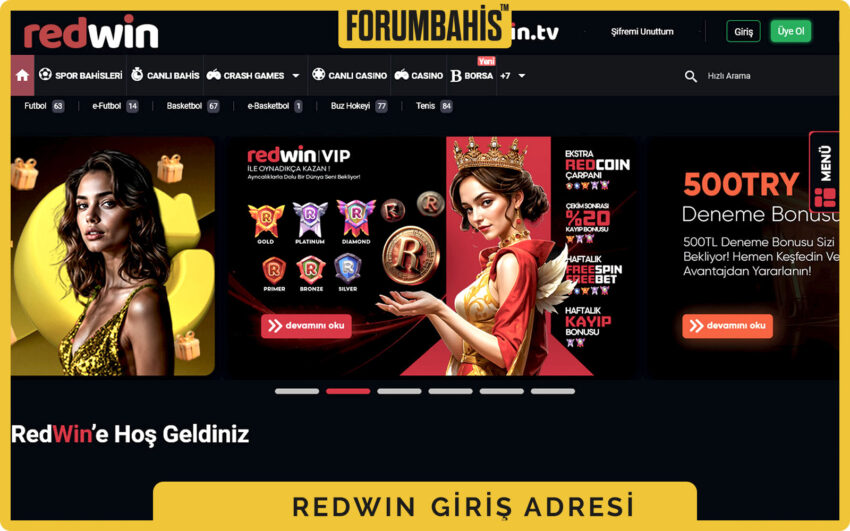 Redwin ana sayfa, sabit header içinde logo, menü ve giriş butonu