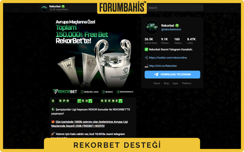 Rekorbet genel iletişim ekranı, tüm kanalları listeleyen birleşik destek görünümü