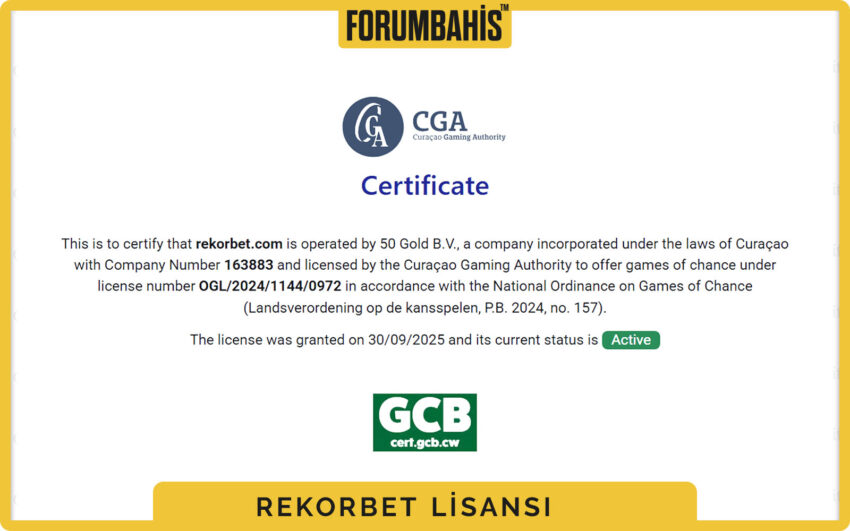 Rekorbet lisans doğrulama bölümü, resmi site bağlantısı ve rozetler