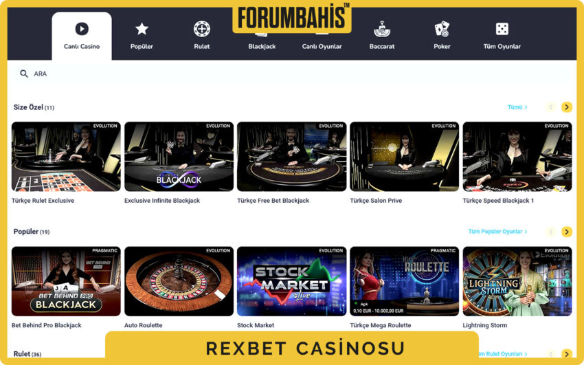 Rexbet mobil ana navigasyon, spor, canlı, casino ve bonus sekmeleri