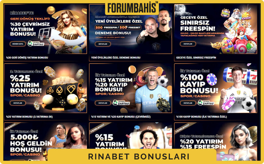 Rinabet bonuslar tablosu, çevrim katsayısı ve uygun oyunlar listeli bonus