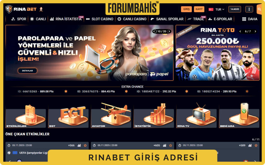 Rinabet casino banner alanı, kampanya duyurusu ve üst barda giriş