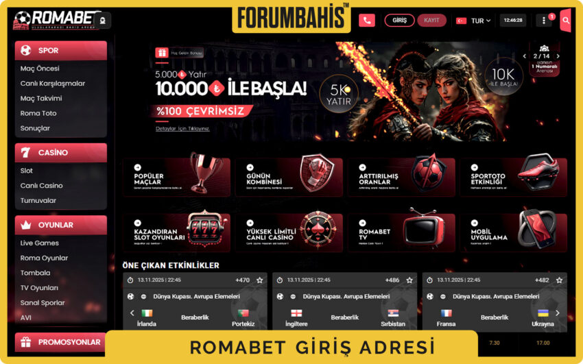 Romabet ana sayfa, sabit header içinde logo, menü ve giriş butonu