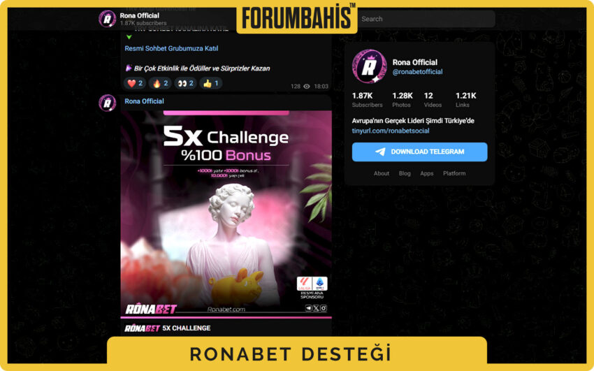 Ronabet iletişim formu, ad–mesaj alanları ve destek gönder butonu