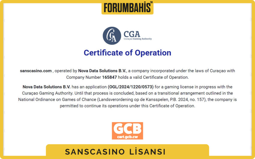 Sanscasino lisans tablosu, lisans ülke bilgisi ve şirket kayıt linki