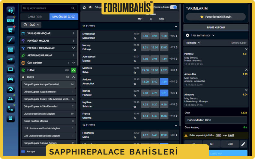 Sapphirepalace lig sayfalandırma, ülke bayrakları ve turnuva bahis başlıkları