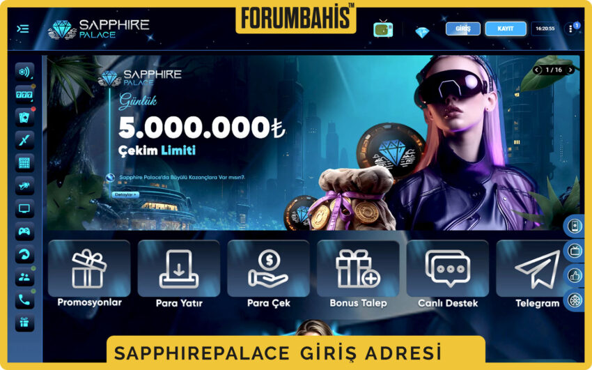 Sapphirepalace casino banner alanı, kampanya duyurusu ve üst barda giriş