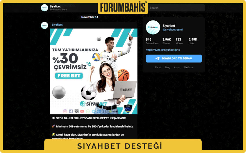 Siyahbet Telegram kanalına geçiş için destek butonu ve davet linki