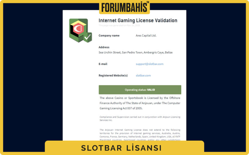 Slotbar lisans ekranı, canlı casino için lisans kapsamı ve notlar