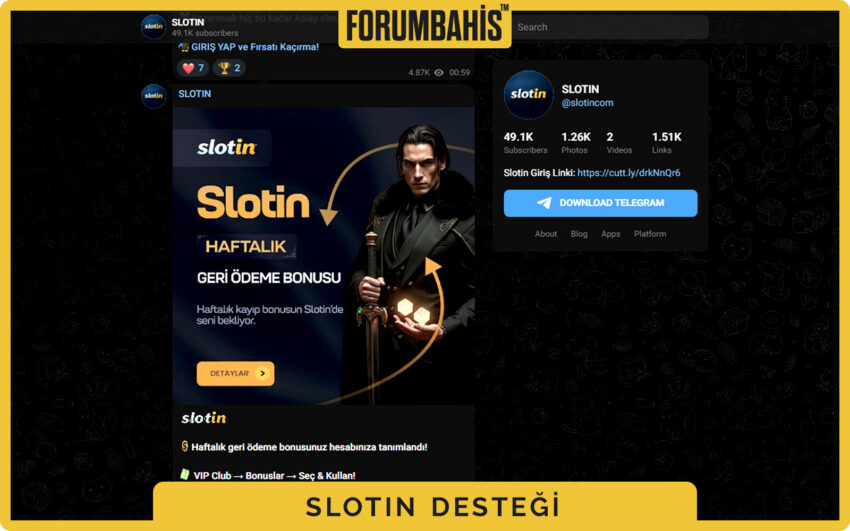 Slotin Telegram kanalına geçiş için destek butonu ve davet linki