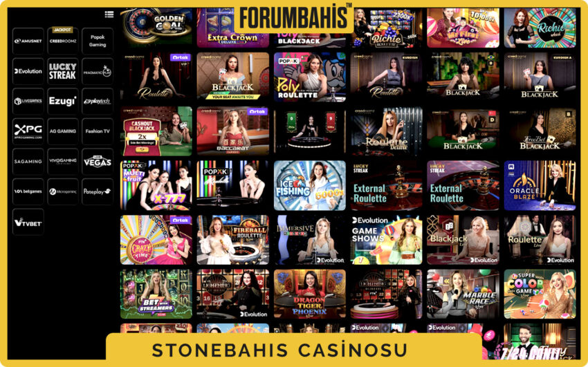 Stonebahis casino genel ekranı, slotlar, canlı masalar ve sağlayıcı filtreleri