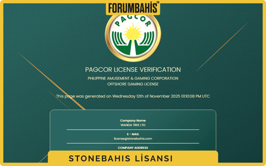 Stonebahis lisans sayfası, lisans sahibi şirket unvanı ve vergi kaydı notu