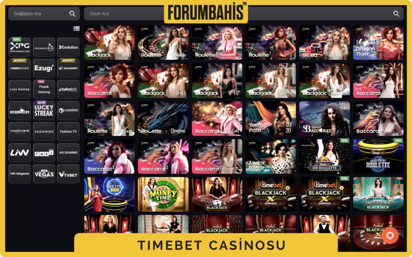 Timebet casino ana sayfa ekran görüntüsü, slotlar ve canlı masalar