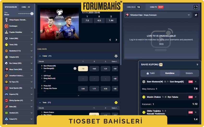 Tiosbet canlı bahis skor alanı, anlık oran değişimleri ve yeşil artış işaretleri