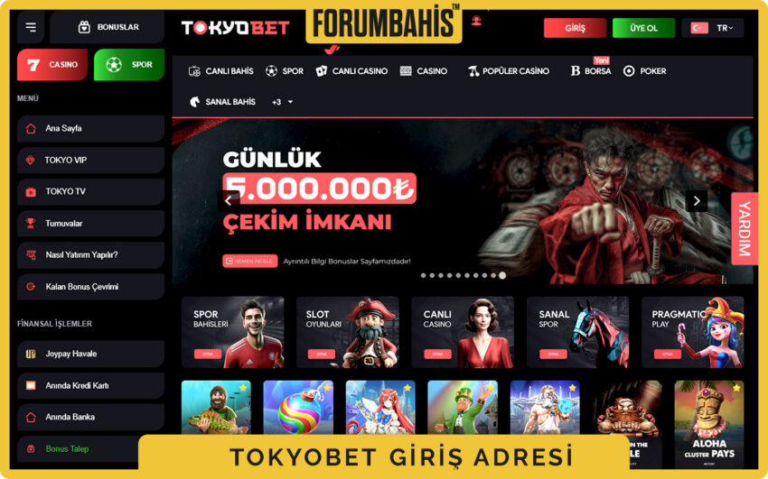 Tokyobet genel görünüm, renkli sliderlar ve üst sağ köşede belirgin giriş bağlantısı