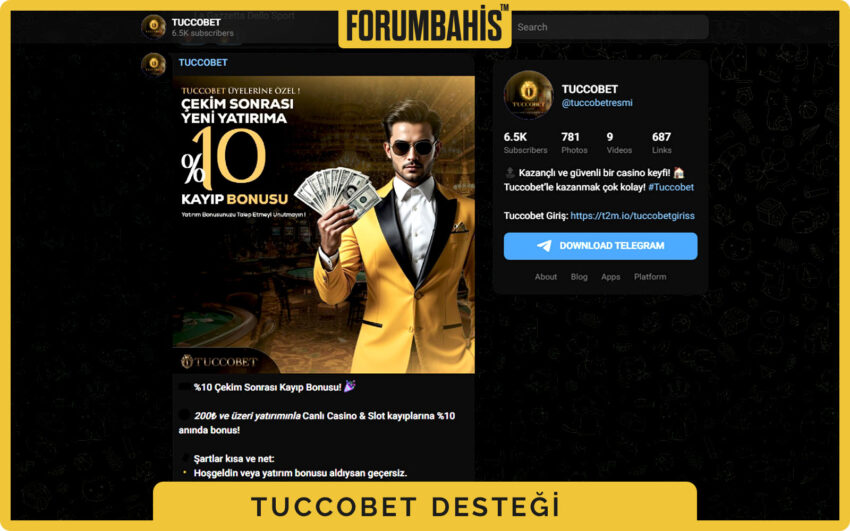 Tuccobet Telegram grubu tanıtımı, hızlı cevap vaat eden destek metni