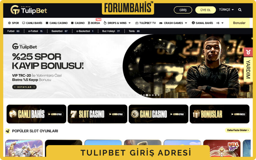 Tulipbet ana sayfa, sabit header içinde logo, menü ve giriş butonu