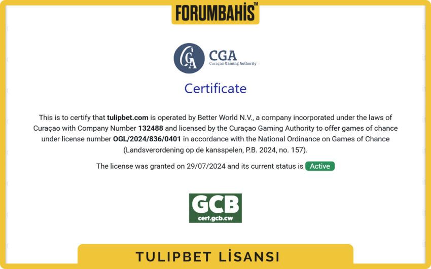 Tulipbet lisans sayfası alt bilgi, footer’da lisans rozetleri ve linkler