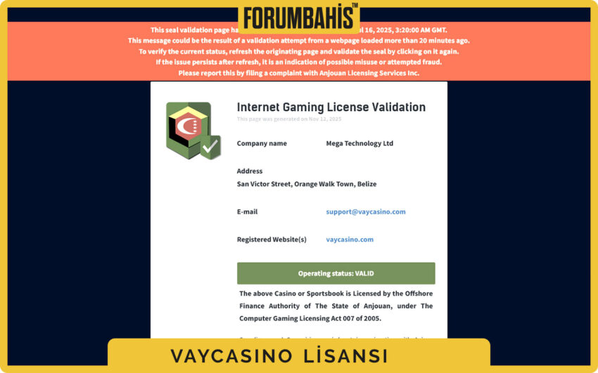 Vaycasino lisans doğrulama linki, lisans numarası kopyala butonu