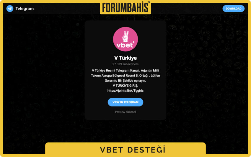 Vbet Telegram grubu tanıtımı, hızlı cevap vaat eden destek metni