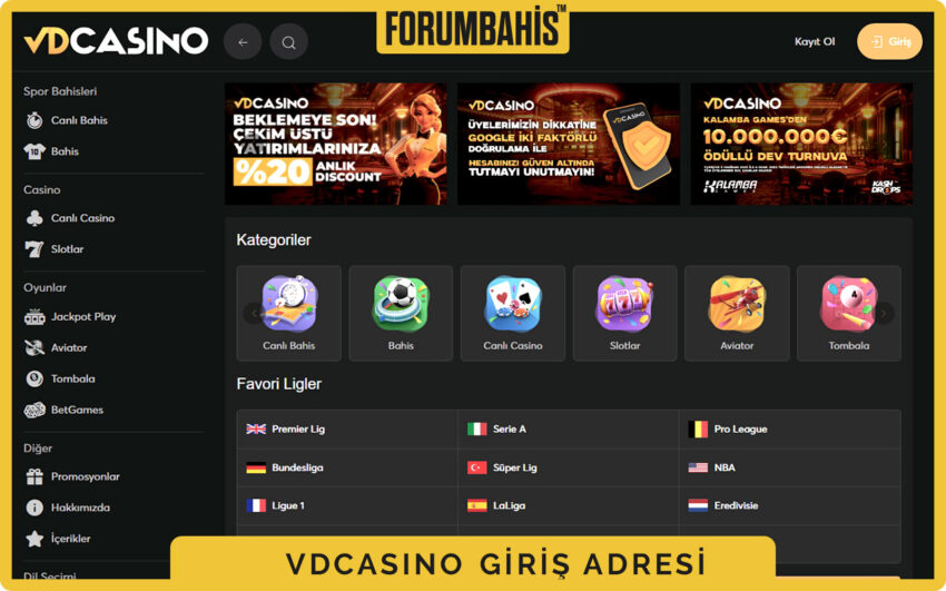 Vdcasino giriş sayfası, üst menüde Spor, Canlı, Casino sekmeleri ve giriş butonu
