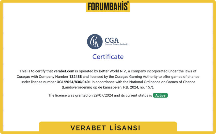 Verabet lisans bölüm başlığı, lisans numarası örneği ve açıklama metni