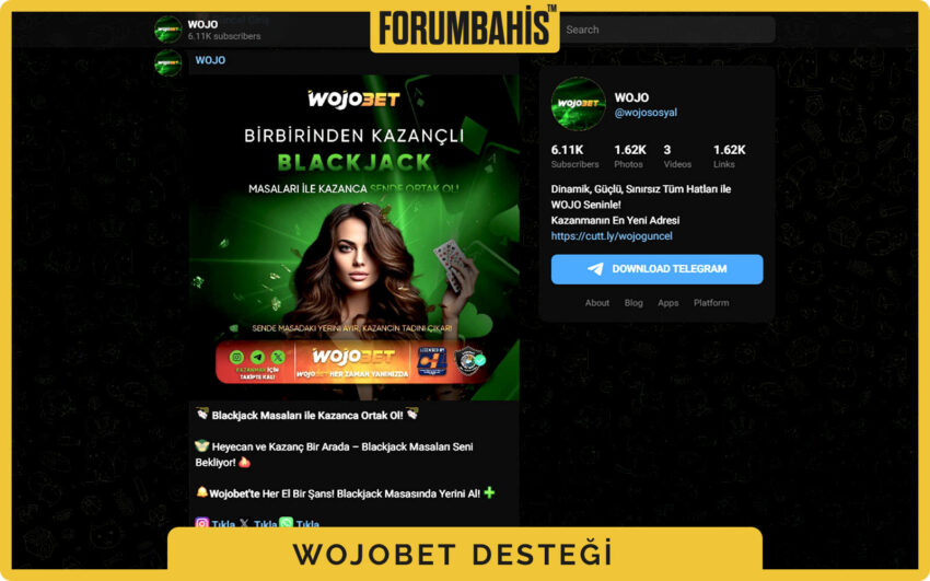 Wojobet genel iletişim ekranı, tüm kanalları listeleyen birleşik destek görünümü