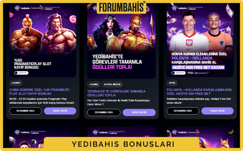 Yedibahis bonuslar bölümü, yatırım bonus ve çevrim şartı etiketi